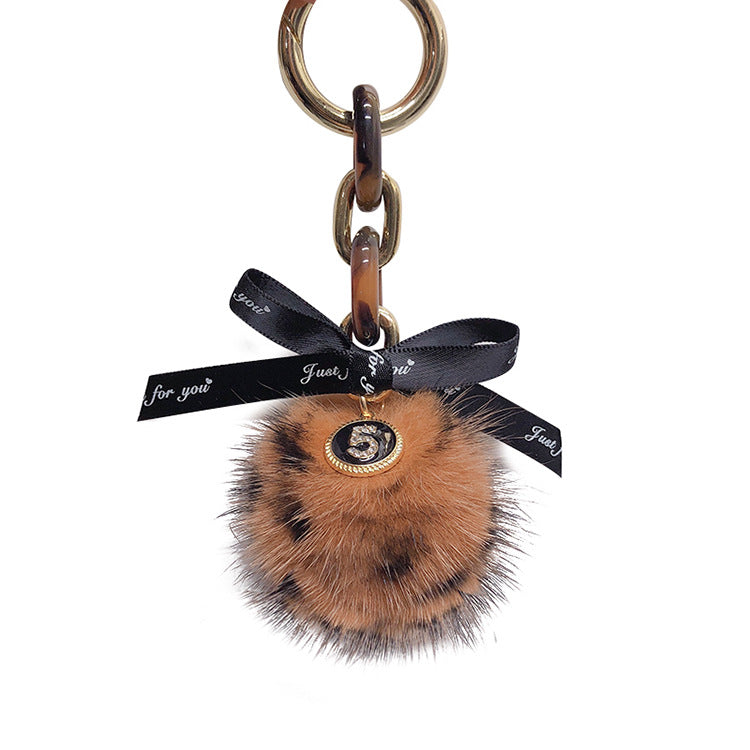 Wholesale Alloy Leopard Print Mink Hair Ball Key Chain